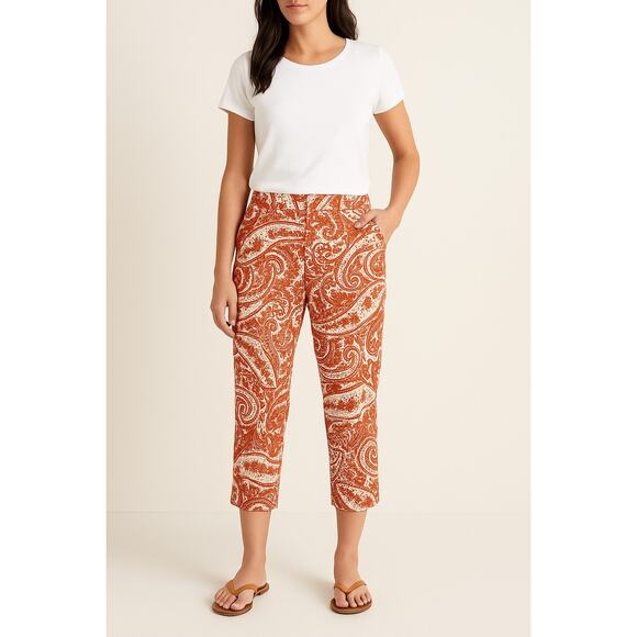 J. Crew City Fit Skimmer Cropped Pants Orange Paisley Print 69412 Size 4 - Picture 1 of 9